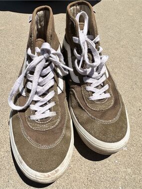 Vans Brown High-Top Suede & Canvas Sneakers with White Stripe & Laces